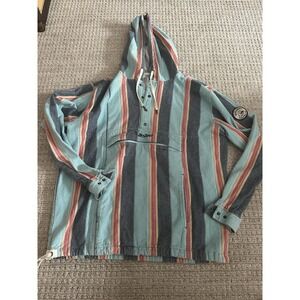 Quicksilver Hoodie Men's Large aqua Stripe Baha Surf Zip Pockets Pouch Y2K